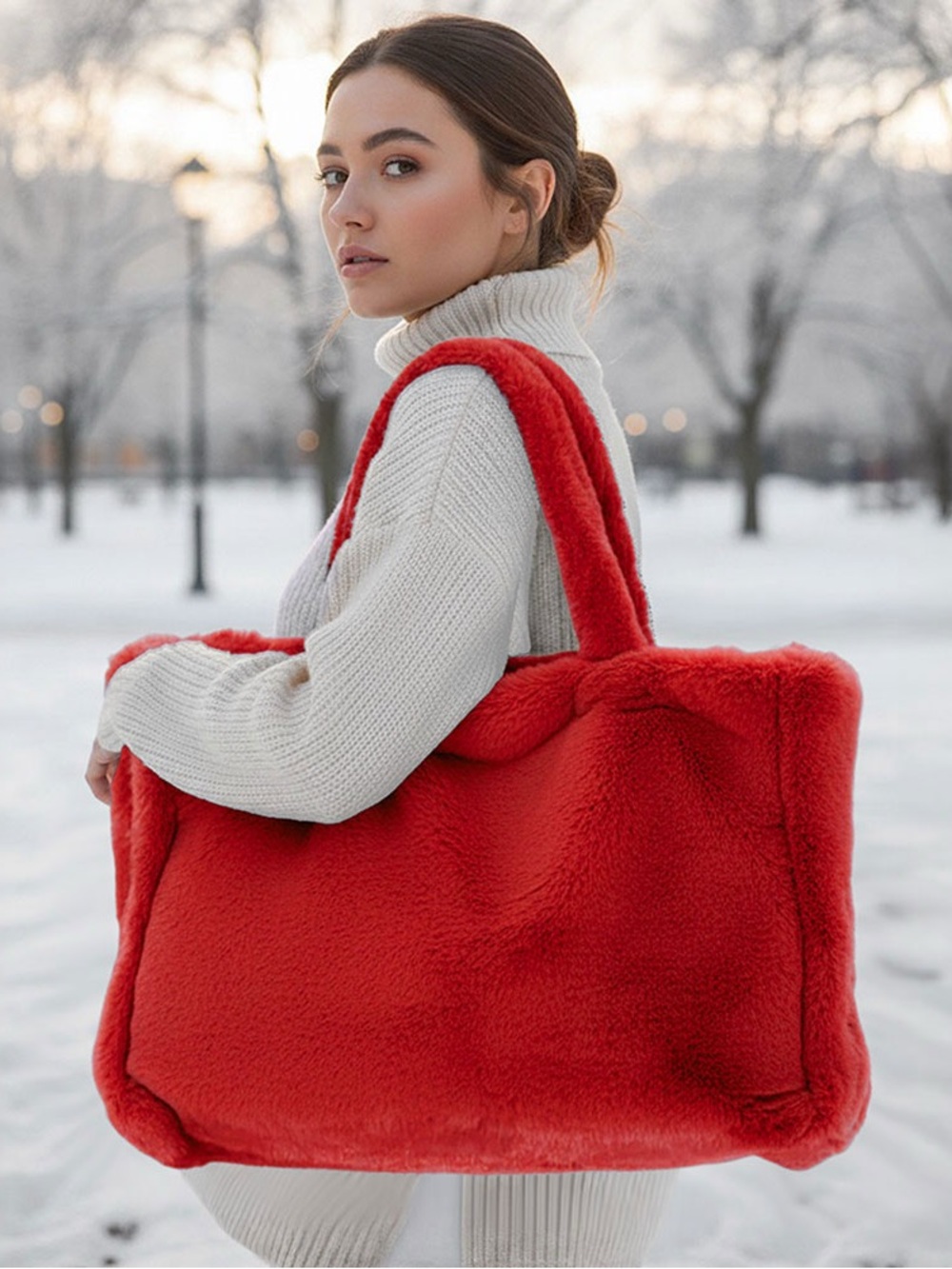 Plush Red Faux-Fur Tote Bag - Women